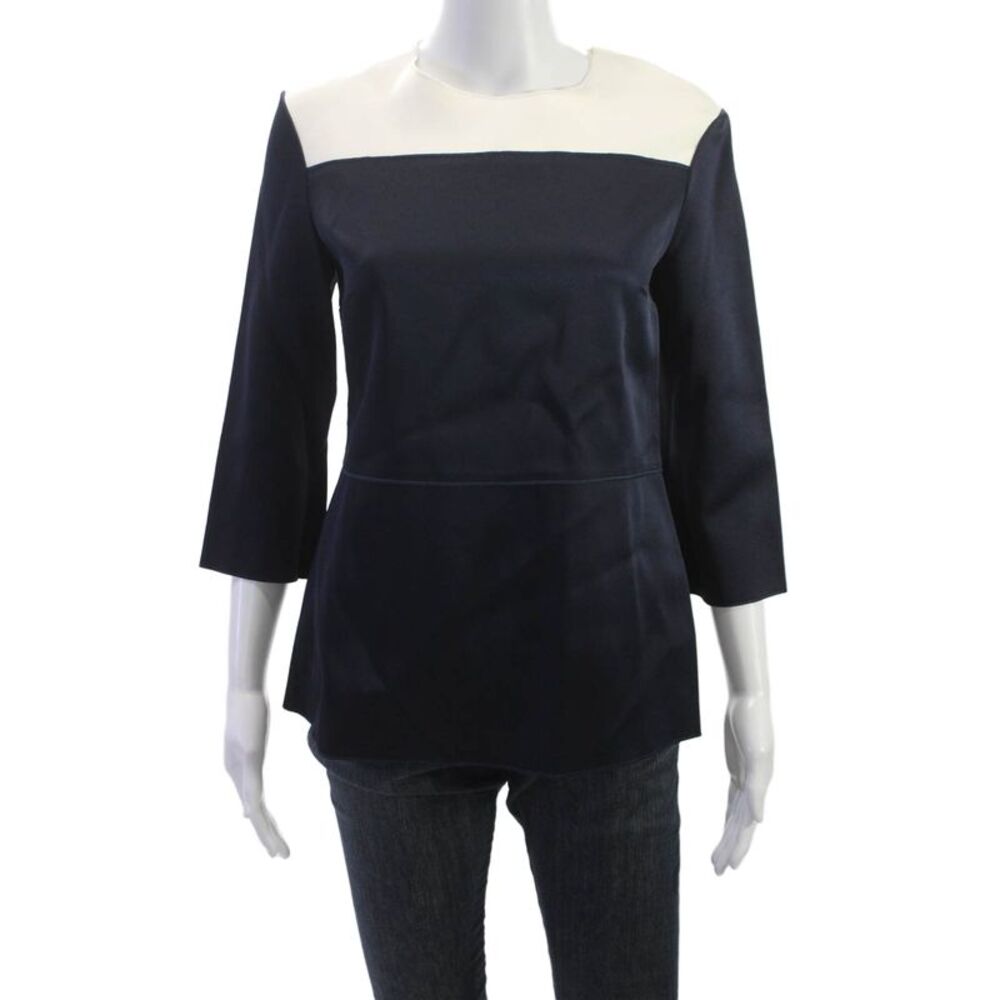 Derek Lam Womens Basic Colorblock Acetate Blouse 3/4 Sleeve Blue Size 0